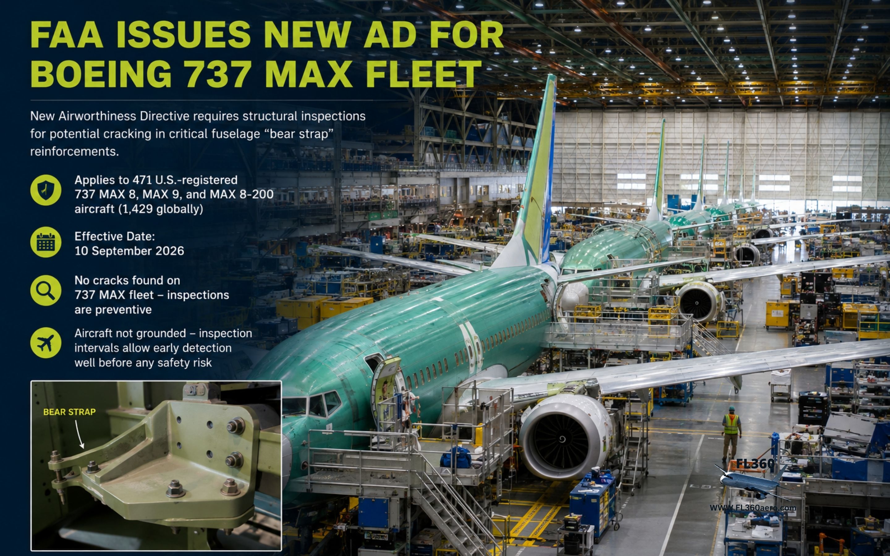 FAA Orders Structural Inspections for Boeing 737 MAX Fleet Over Potential Bear Strap Cracking.